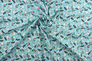 This cute and soft cotton print fabric features sheep and roses with a polka dot and stars background. It is perfect for quilting, home sewing projects, craft projects, apparel and home décor accents. Colors include shades of blue, pink, green, white and black.