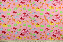 Load image into Gallery viewer, Menagerie is a bright animal print that features giraffes, elephants, zebras, dogs and cats. The versatile lightweight fabric is soft and easy to sew.  It would be great for quilting, crafting and sewing projects.  Colors included are orange, green, red, yellow, blue and pink.
