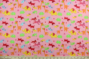 Menagerie is a bright animal print that features giraffes, elephants, zebras, dogs and cats. The versatile lightweight fabric is soft and easy to sew.  It would be great for quilting, crafting and sewing projects.  Colors included are orange, green, red, yellow, blue and pink.