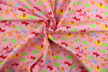 Load image into Gallery viewer, Menagerie is a bright animal print that features giraffes, elephants, zebras, dogs and cats. The versatile lightweight fabric is soft and easy to sew.  It would be great for quilting, crafting and sewing projects.  Colors included are orange, green, red, yellow, blue and pink.

