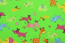 Load image into Gallery viewer,  Menagerie is a bright animal print that features giraffes, elephants, zebras, dogs and cats. The versatile lightweight fabric is soft and easy to sew.  It would be great for quilting, crafting and sewing projects.  Colors included are orange, green, yellow, blue and pink.  We offer this print in other colors.
