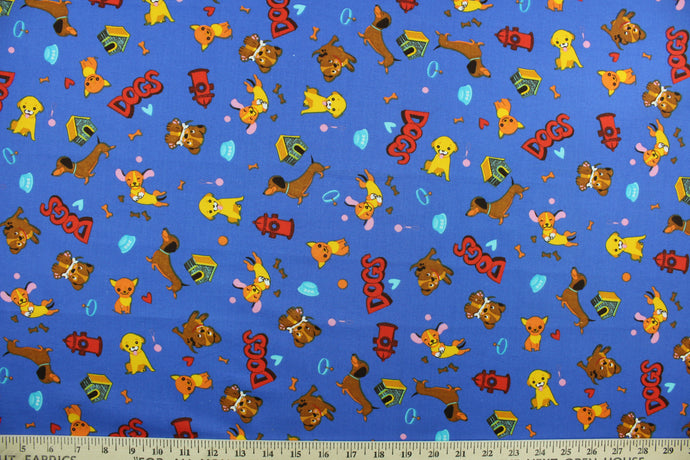This quilting print features a cute canine design with different dogs, dog toys and dog houses in brown, orange, yellow, pink and red against a blue background.  Uses include crafts, quilting designs, blankets and  home décor.  We offer this print in several different colors.