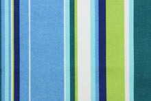 Load image into Gallery viewer,  This outdoor fabric features bright stripes in blue, navy blue, lime green, dark green, turquoise, and white.

