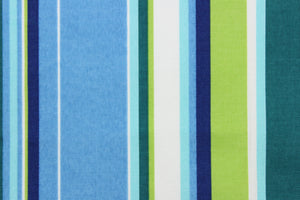 This outdoor fabric features bright stripes in blue, navy blue, lime green, dark green, turquoise, and white.