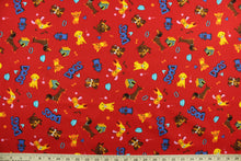Load image into Gallery viewer, This quilting print features a cute canine design with different dogs, dog toys and dog houses in brown, orange, yellow, pink and white against a red background.  Uses include crafts, quilting designs, blankets and  home décor.  We offer this print in several different colors.

