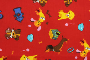 This quilting print features a cute canine design with different dogs, dog toys and dog houses in brown, orange, yellow, pink and white against a red background.  Uses include crafts, quilting designs, blankets and  home décor.  We offer this print in several different colors.