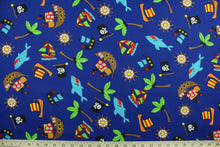 Load image into Gallery viewer, This fabric features pirate ships, sailboats, sharks, palm trees, boat wheels and flags against a royal blue background.  The versatile lightweight fabric is soft and easy to sew.  It would be great for quilting, crafting and sewing projects.  Colors included are brown, black, light blue, white, green, yellow, red and orange.  We offer this design in other colors.
