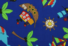 Load image into Gallery viewer, This fabric features pirate ships, sailboats, sharks, palm trees, boat wheels and flags against a royal blue background.  The versatile lightweight fabric is soft and easy to sew.  It would be great for quilting, crafting and sewing projects.  Colors included are brown, black, light blue, white, green, yellow, red and orange.  We offer this design in other colors.
