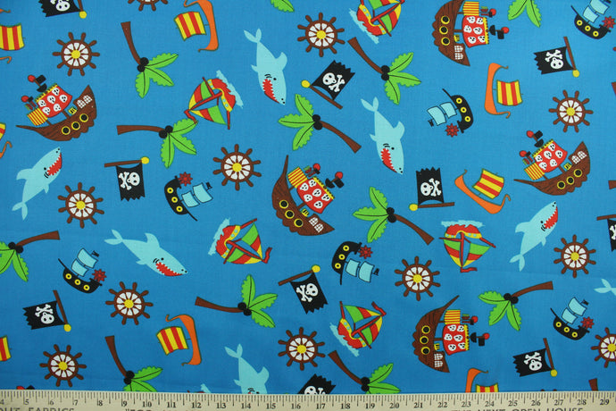 This fabric features pirate ships, sailboats, sharks, palm trees, boat wheels and flags against a blue background.  The versatile lightweight fabric is soft and easy to sew.  It would be great for quilting, crafting and sewing projects.  Colors included are brown, black, white, green, yellow, red, orange and blue.  We offer this design in other colors.