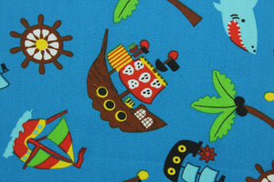 This fabric features pirate ships, sailboats, sharks, palm trees, boat wheels and flags against a blue background.  The versatile lightweight fabric is soft and easy to sew.  It would be great for quilting, crafting and sewing projects.  Colors included are brown, black, white, green, yellow, red, orange and blue.  We offer this design in other colors.