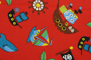This fabric features pirate ships, sailboats, sharks, palm trees, boat wheels and flags against a red background.  The versatile lightweight fabric is soft and easy to sew.  It would be great for quilting, crafting and sewing projects.  Colors included are brown, black, white, green, yellow, orange and blue.  We offer this design in other colors.