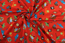 Load image into Gallery viewer, This fabric features pirate ships, sailboats, sharks, palm trees, boat wheels and flags against a red background.  The versatile lightweight fabric is soft and easy to sew.  It would be great for quilting, crafting and sewing projects.  Colors included are brown, black, white, green, yellow, orange and blue.  We offer this design in other colors.
