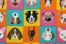Load image into Gallery viewer, This fabric features various dog faces against a checkered background. The versatile lightweight fabric is soft and easy to sew.  It would be great for quilting, crafting and sewing projects.  Colors included are brown, black, pink, orange, yellow, orange and turquoise.
