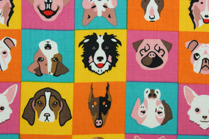 This fabric features various dog faces against a checkered background. The versatile lightweight fabric is soft and easy to sew.  It would be great for quilting, crafting and sewing projects.  Colors included are brown, black, pink, orange, yellow, orange and turquoise.