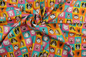 This fabric features various dog faces against a checkered background. The versatile lightweight fabric is soft and easy to sew.  It would be great for quilting, crafting and sewing projects.  Colors included are brown, black, pink, orange, yellow, orange and turquoise.