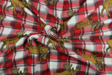 Load image into Gallery viewer, This ultra soft, medium weight printed fleece is the go to fabric for warmth.  The red, gray and white plaid features a brown elk and is perfect for creating jackets, vests, scarves, gloves, throws, bedding and more!  We offer this design in other colors.
