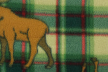Load image into Gallery viewer, This ultra soft, medium weight printed fleece is the go to fabric for warmth.  The green, red and taupe plaid features a brown elk and is perfect for creating jackets, vests, scarves, gloves, throws, bedding and more!  We offer this design in other colors.
