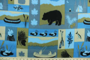 This ultra soft, medium weight printed fleece is the go to fabric for warmth.  The camping theme features tents, boats, lanterns and various animals and is perfect for creating jackets, vests, scarves, gloves, throws, bedding and more!  Colors included are blue, black, brown and beige.  We offer this design in one other color.