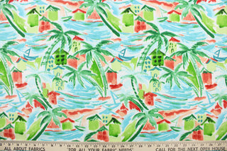 This outdoor fabric features a tropical outdoor design in peach, coral, green, blue, turquoise and white. 