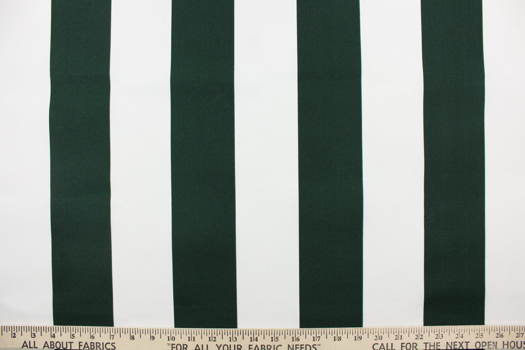 This indoor/outdoor fabric in dark green and white stripes is perfect for any project where the fabric will be exposed to the weather.