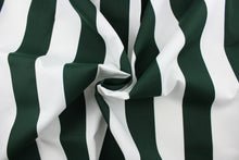 Load image into Gallery viewer, This indoor/outdoor fabric in dark green and white stripes is perfect for any project where the fabric will be exposed to the weather.
