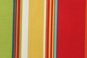 This outdoor fabric features a stripe design in  golden yellow, red, blue, white, orange, and turquoise .