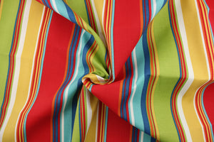 This outdoor fabric features a stripe design in  golden yellow, red, blue, white, orange, and turquoise .