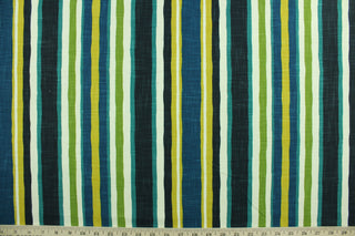 Paint Lines features multi width lines in mediterranean blue, mustard yellow, black, olive green, white and teal blue.  It can be used for several different statement projects including window accents (drapery, curtains and swags), decorative pillows, hand bags, bed skirts, duvet covers, upholstery and craft projects.  