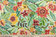 Load image into Gallery viewer, This outdoor fabric features a vibrant floral design in golden yellow, burgundy, green, dark brown, beige, dark orange, varying shades of green, dark coral and white. 

