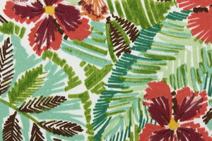 This outdoor fabric features a vibrant floral design in golden yellow, burgundy, green, dark brown, beige, dark orange, varying shades of green, dark coral and white. 