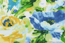 Load image into Gallery viewer, This outdoor fabric features a beautiful floral design in blue, green, yellow, and white. 
