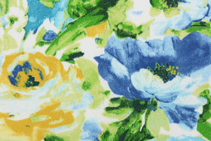 This outdoor fabric features a beautiful floral design in blue, green, yellow, and white. 