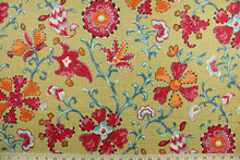 Load image into Gallery viewer, This multi purpose linen/rayon blend fabric features a large floral and vine design in red, pink, blue, white and orange against a gold background.  It can be used for several different statement projects including window accents (drapery, curtains and swags), decorative pillows, hand bags, bed skirts, duvet covers, upholstery and craft projects.  It has a soft workable feel yet is stable and has a durability rating that exceeds 15,000 double rubs. 
