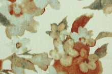 Load image into Gallery viewer, Muria is a multi use floral designed fabric in rust, brown, taupe, light blue/gray against an off white background.  It can be used for several different statement projects including window accents (drapery, curtains and swags), decorative pillows, hand bags, bed skirts, duvet covers, upholstery and craft projects.  It has a soft workable feel yet is stable and durable.
