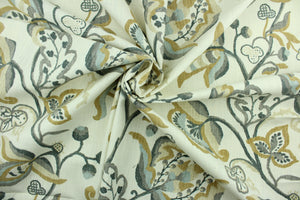 Lawrence features a large scale floral design in tan, gray, black, brown, blue gray and cream.  It can be used for several different statement projects including window accents (drapery, curtains and swags), decorative pillows, hand bags, bed skirts, duvet covers, light duty upholstery and craft projects.  It has a soft workable feel yet is stable and durable.  