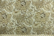 Load image into Gallery viewer, This multi purpose linen/cotton blend fabric features a large scale floral  and fruit vine in various shades of brown.  It can be used for several different statement projects including window accents (drapery, curtains and swags), decorative pillows, hand bags, bed skirts, duvet covers, upholstery and craft projects.  
