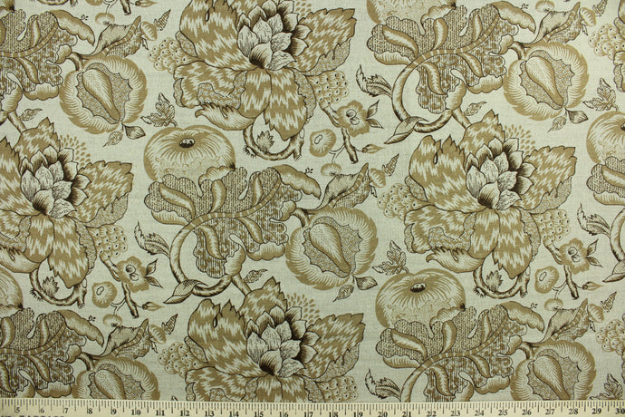 This multi purpose linen/cotton blend fabric features a large scale floral  and fruit vine in various shades of brown.  It can be used for several different statement projects including window accents (drapery, curtains and swags), decorative pillows, hand bags, bed skirts, duvet covers, upholstery and craft projects.  