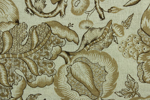 This multi purpose linen/cotton blend fabric features a large scale floral  and fruit vine in various shades of brown.  It can be used for several different statement projects including window accents (drapery, curtains and swags), decorative pillows, hand bags, bed skirts, duvet covers, upholstery and craft projects.  