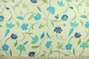Jacobean features a floral vine design in blue, teal, green and gray against a light beige background.  It can be used for several different statement projects including window accents (drapery, curtains and swags), decorative pillows, hand bags, bed skirts, duvet covers, upholstery and craft projects.  It has a soft workable feel yet is stable and durable with 30,000 double rubs. 