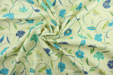 Load image into Gallery viewer, Jacobean features a floral vine design in blue, teal, green and gray against a light beige background.  It can be used for several different statement projects including window accents (drapery, curtains and swags), decorative pillows, hand bags, bed skirts, duvet covers, upholstery and craft projects.  It has a soft workable feel yet is stable and durable with 30,000 double rubs. 
