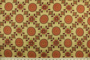 This multi purpose fabric features a floral medallion design in the colors of burnt orange, spice, deep red and green on a khaki background.  It can be used for several different statement projects including window accents (drapery, curtains and swags), decorative pillows, hand bags, bed skirts, duvet covers, upholstery and craft projects.  It has a soft workable feel yet is stable and durable.