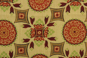 This multi purpose fabric features a floral medallion design in the colors of burnt orange, spice, deep red and green on a khaki background.  It can be used for several different statement projects including window accents (drapery, curtains and swags), decorative pillows, hand bags, bed skirts, duvet covers, upholstery and craft projects.  It has a soft workable feel yet is stable and durable.