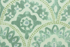Tomini features a scalloped design in shades of green with blue accents on a natural background.  It can be used for several different statement projects including window accents (drapery, curtains and swags), decorative pillows, hand bags, bed skirts, duvet covers, upholstery and craft projects.  It has a soft workable feel yet is stable and durable with 15,000 double rubs. 