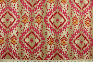 This multi purpose cotton/linen blend fabric features an ikat design in mulberry, pink, orange and brown.  It can be used for several different statement projects including window accents (drapery, curtains and swags), decorative pillows, hand bags, bed skirts, duvet covers, upholstery and craft projects.  It has a soft workable feel yet is stable and durable with 5,000 double rubs. 