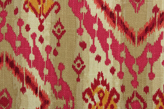 This multi purpose cotton/linen blend fabric features an ikat design in mulberry, pink, orange and brown.  It can be used for several different statement projects including window accents (drapery, curtains and swags), decorative pillows, hand bags, bed skirts, duvet covers, upholstery and craft projects.  It has a soft workable feel yet is stable and durable with 5,000 double rubs. 