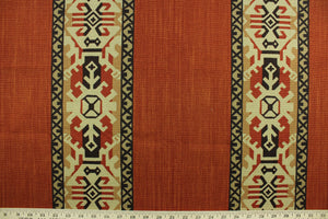  Campetti is a multi use fabric featuring two wide stripes with an aztec design.  It can be used for several different statement projects including window accents (drapery, curtains and swags), decorative pillows, hand bags, bed skirts, duvet covers, upholstery and craft projects.  It has a soft workable feel yet is stable and durable.  Colors included are rust, brown, tan and beige.
