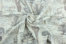 Load image into Gallery viewer, Seaside is a nautical inspired design screen printed on a 100% cotton 2-way slub base material.  It features postcard scripts, marine life, and postal stamps.  It can be used for several different statement projects including window accents (drapery, curtains and swags), decorative pillows, hand bags, bed skirts, duvet covers, upholstery and craft projects.  It has a soft workable feel yet is stable and durable with 50,000 double rubs.  Colors include stone, brown and cream.
