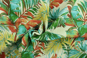 Sengala features a large tropical leaf design in green, blue, red and yellow against an ivory background.  This versatile, long-lasting fabric can withstand up to 500 hours of sunlight.  It is perfect for lounge cushions, pool furniture, tablecloths, decorative pillows and upholstery projects.  This fabric has a slightly stiff feel but is easy to work with.  