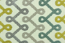 Load image into Gallery viewer, Medicago is a contemporary geometric design embroidered in citrus yellow, teal, champagne and light purple on an off white background.  Use this for light upholstery, pillows, bedding and window treatments.  

