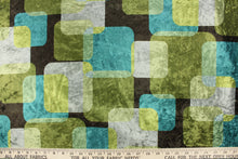 Load image into Gallery viewer, This velvet features a geometric design in green, brown, teal, gray, and moss green .
